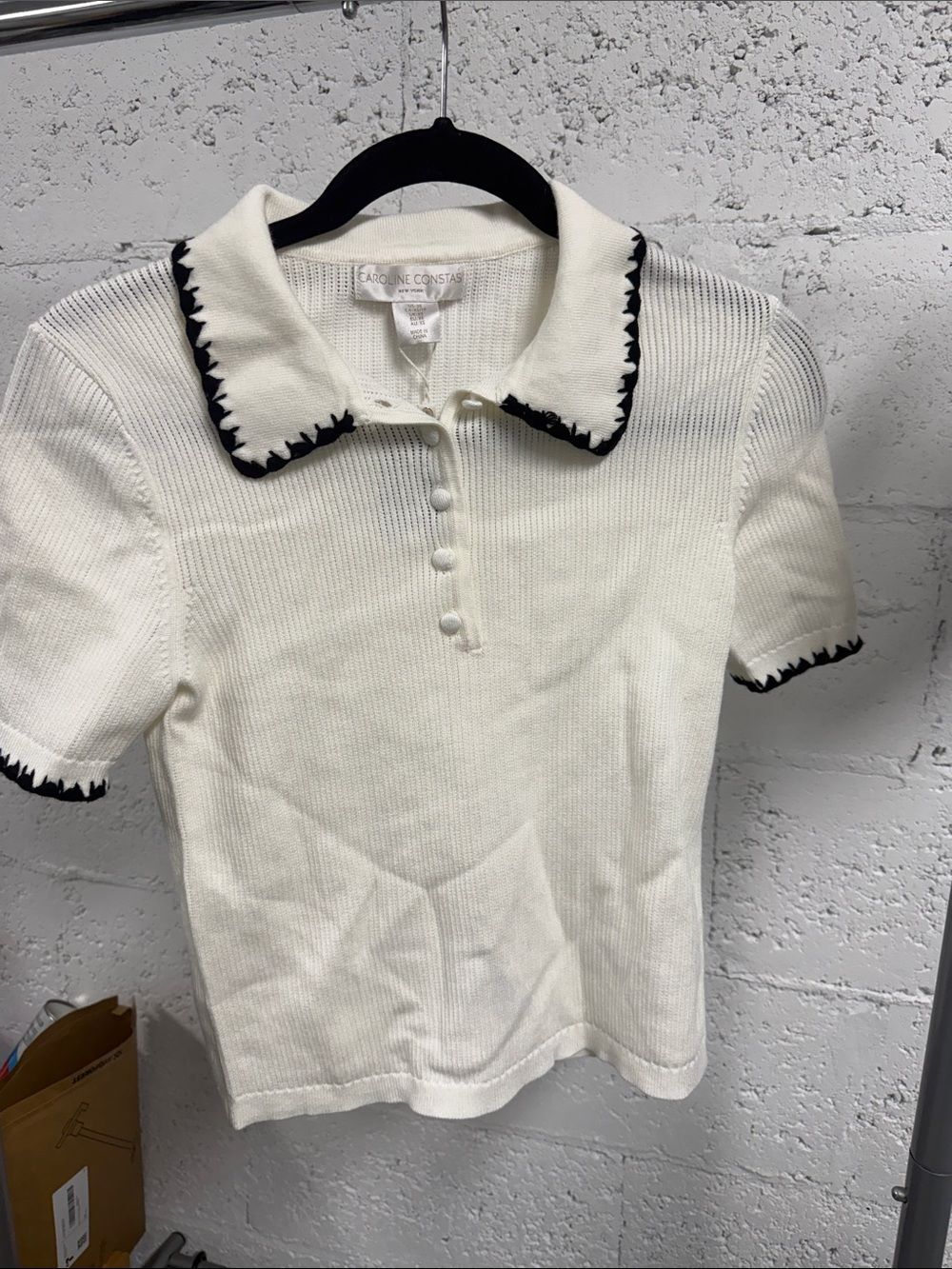 Caroline Constas Ivory Knit Polo with Black Scallop Trim Size XS - LIKE NEW